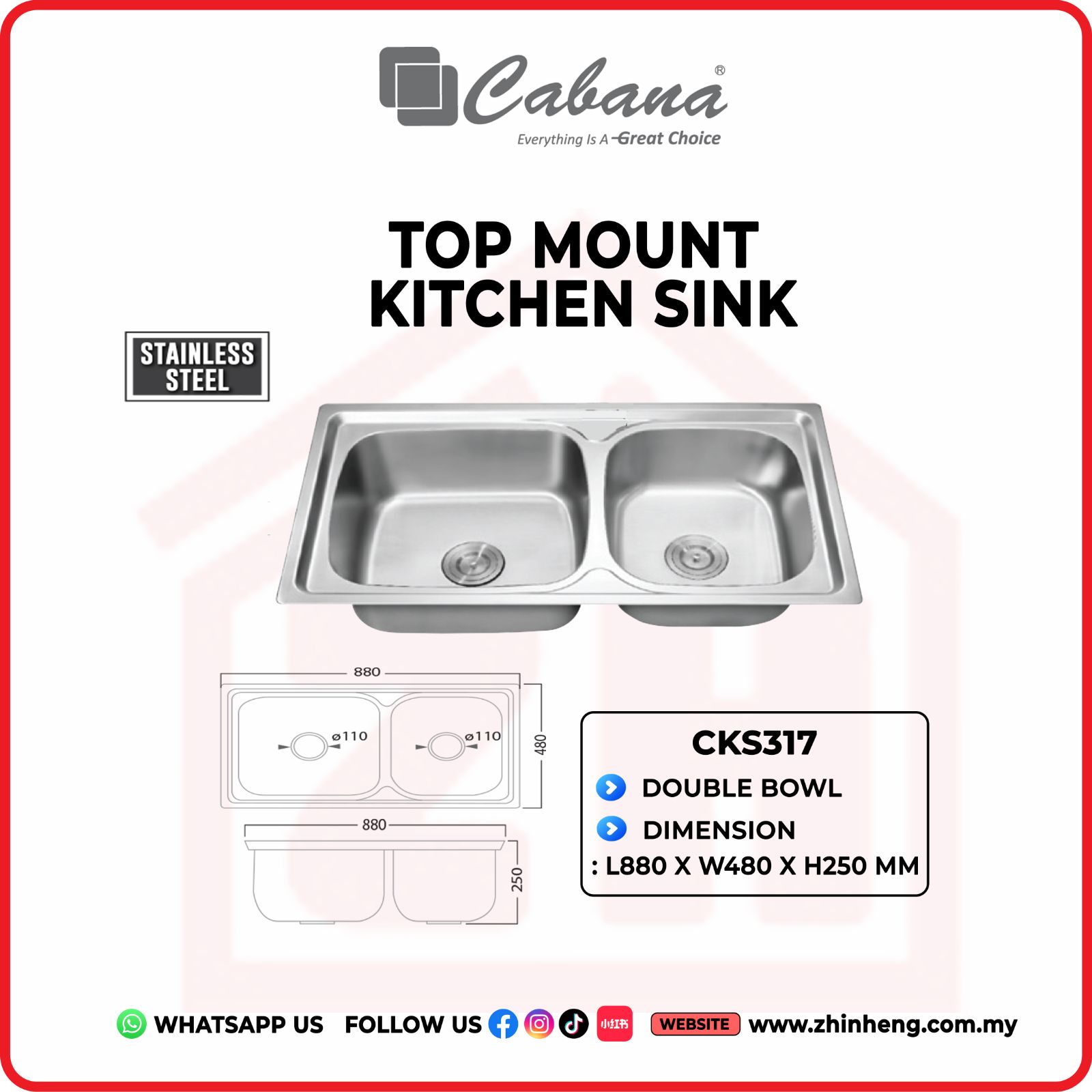 CABANA TOP MOUNT KITCHEN SINK DOUBLE BOWL CKS317