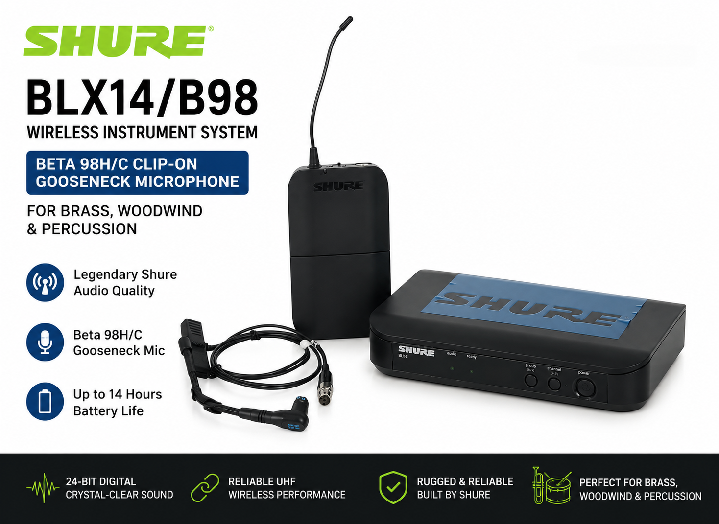 Shure BLX14/B98 Sistem Instrumen Tanpa Wayar – Mikrofon Klip Leher Angsa Beta 98H/C untuk Tembaga, Woodwind & Perkusi