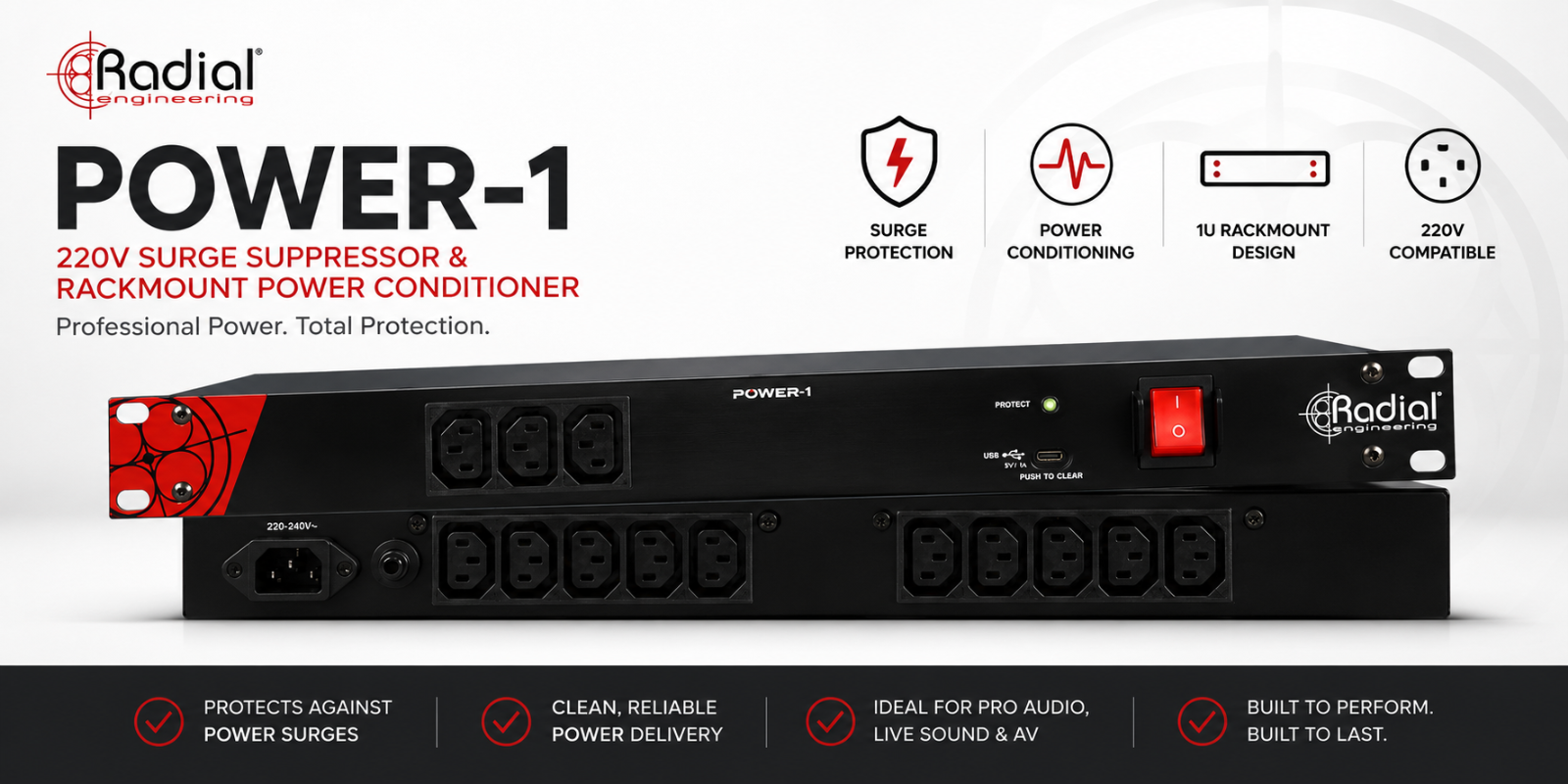 Radial Engineering Power-1 Penapis Kuasa & Pelindung Lonjakan 220V Rackmount Profesional