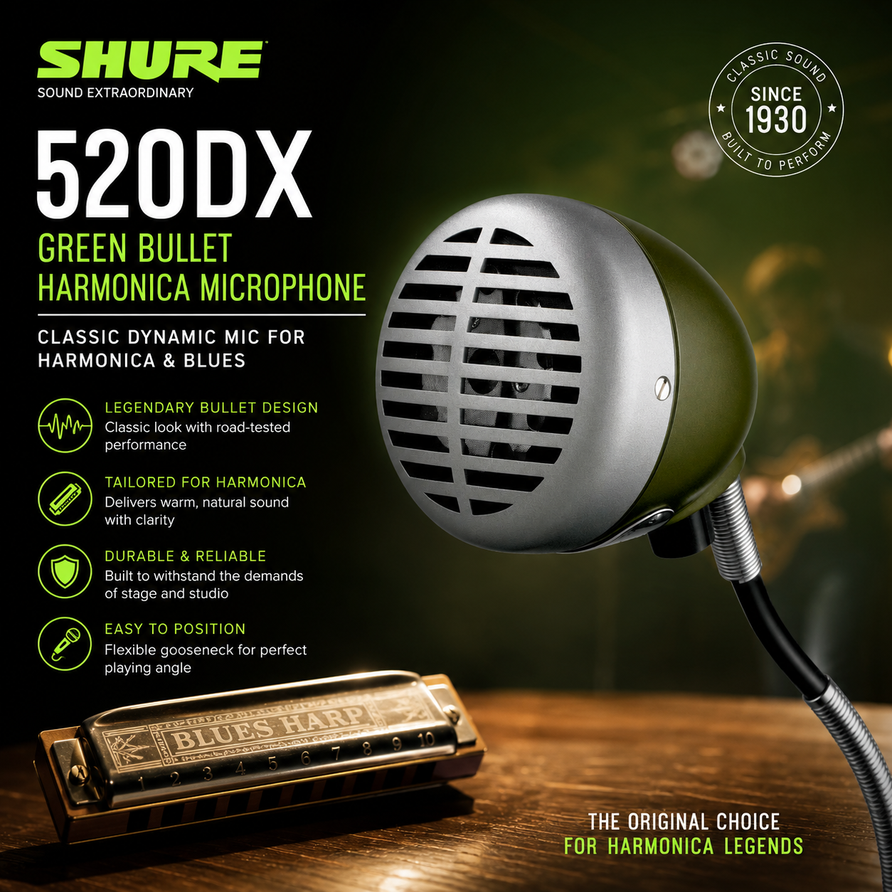 Shure 520DX 绿子弹口琴麦克风 – 经典动圈口琴与蓝调麦克风