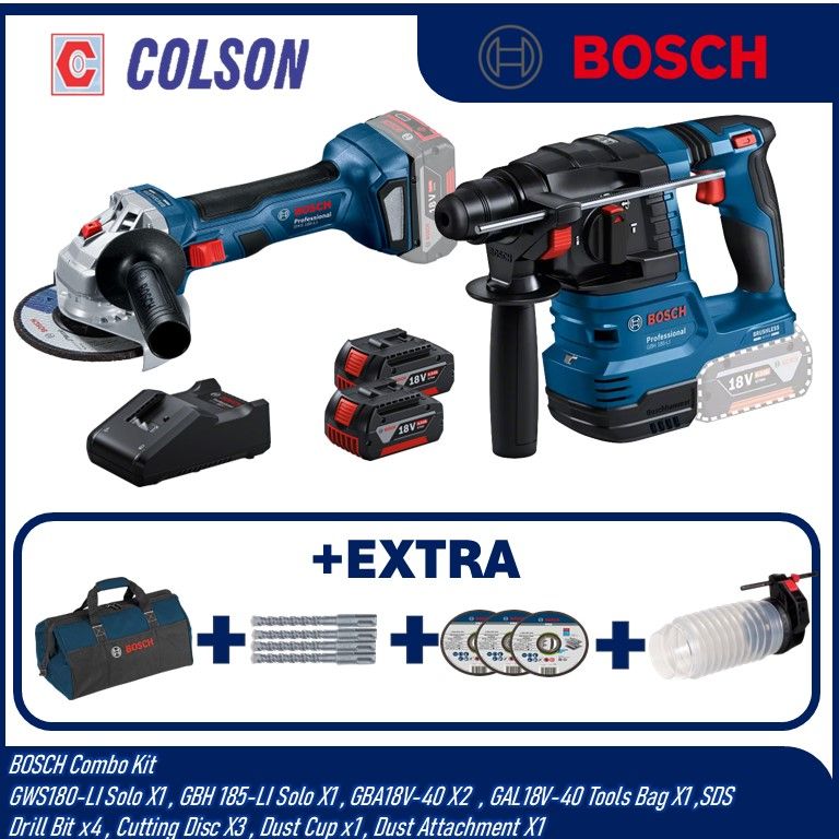 BOSCH Combo Kit BOSCH Combo Kit  GWS180-LI Solo X1 , GBH185-LI Solo X1 , GBA18V-40 X2  , GAL18V-40 X1