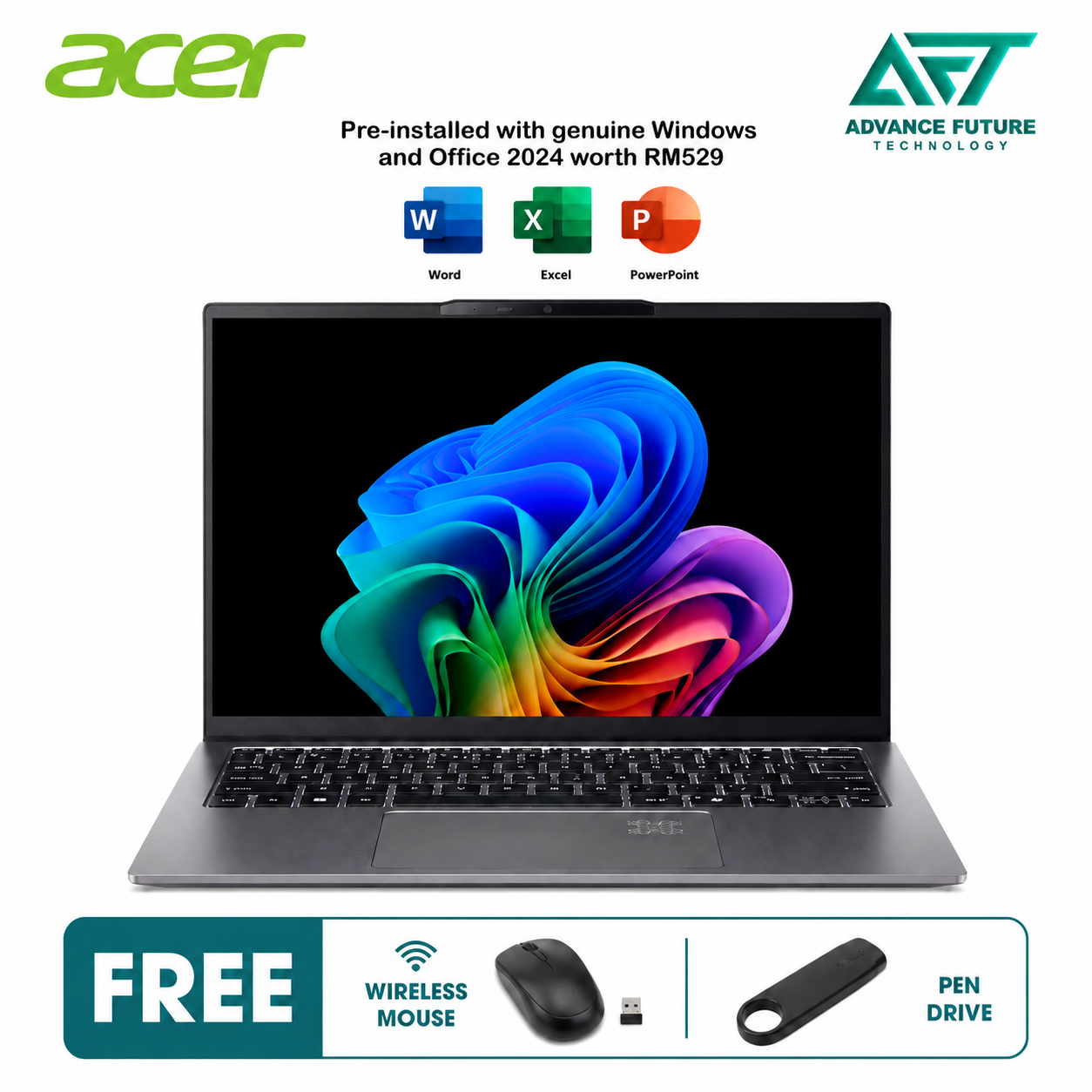 Acer Swift Go 14 AI SFG14-64-R5CN 14" WQXGA+ OLED Laptop Silver ( AMD Ryzen AI 7 350, 16GB, 1TB SSD, ATI, W11, H&S 2024&M365 )