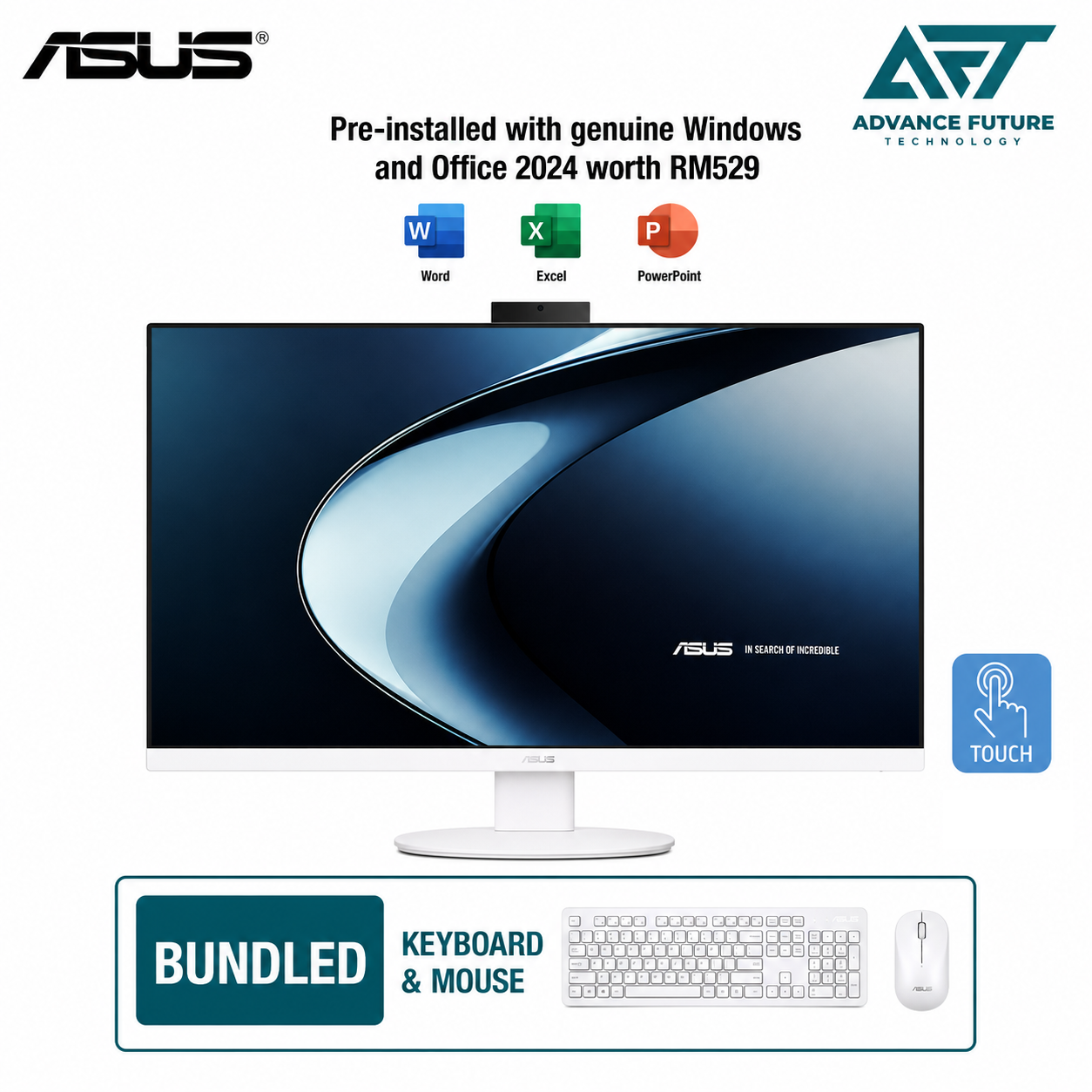 Asus V470VA-TWPF022WS 27" FHD Touch All-in-One Desktop PC White ( Intel Core 7 240H, 16GB, 1TB SSD, Intel, W11, H&S 2024&M365 )