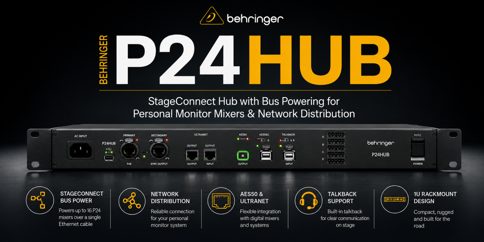 Behringer P24HUB – StageConnect Hub with Bus Powering for Personal Monitor Mixers & Network Distribution