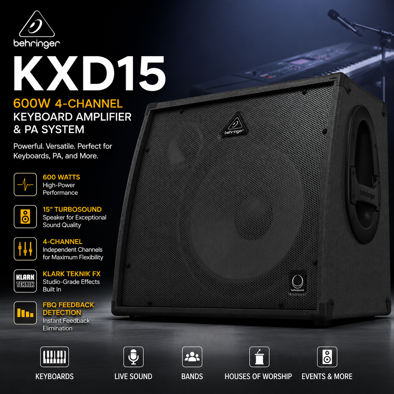 Behringer KXD15 – 600W 4-Channel Keyboard Amplifier & PA System with 15" TURBOSOUND Speaker, KLARK TEKNIK FX & FBQ Feedback Detection