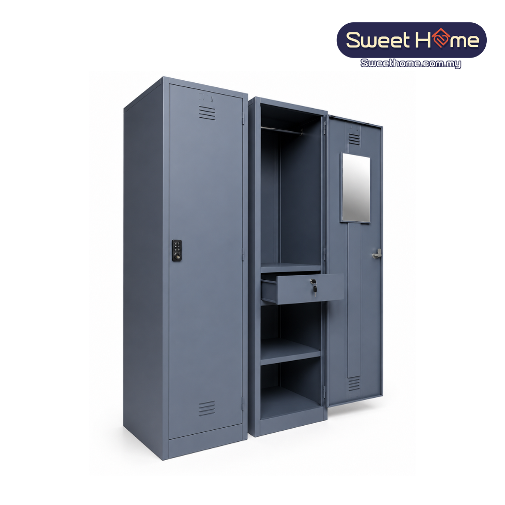Single Door Steel Locker Wardrobe with Digital Lock, Mirror & Drawer ( Custom ) – Heavy Duty Metal Storage Cabinet