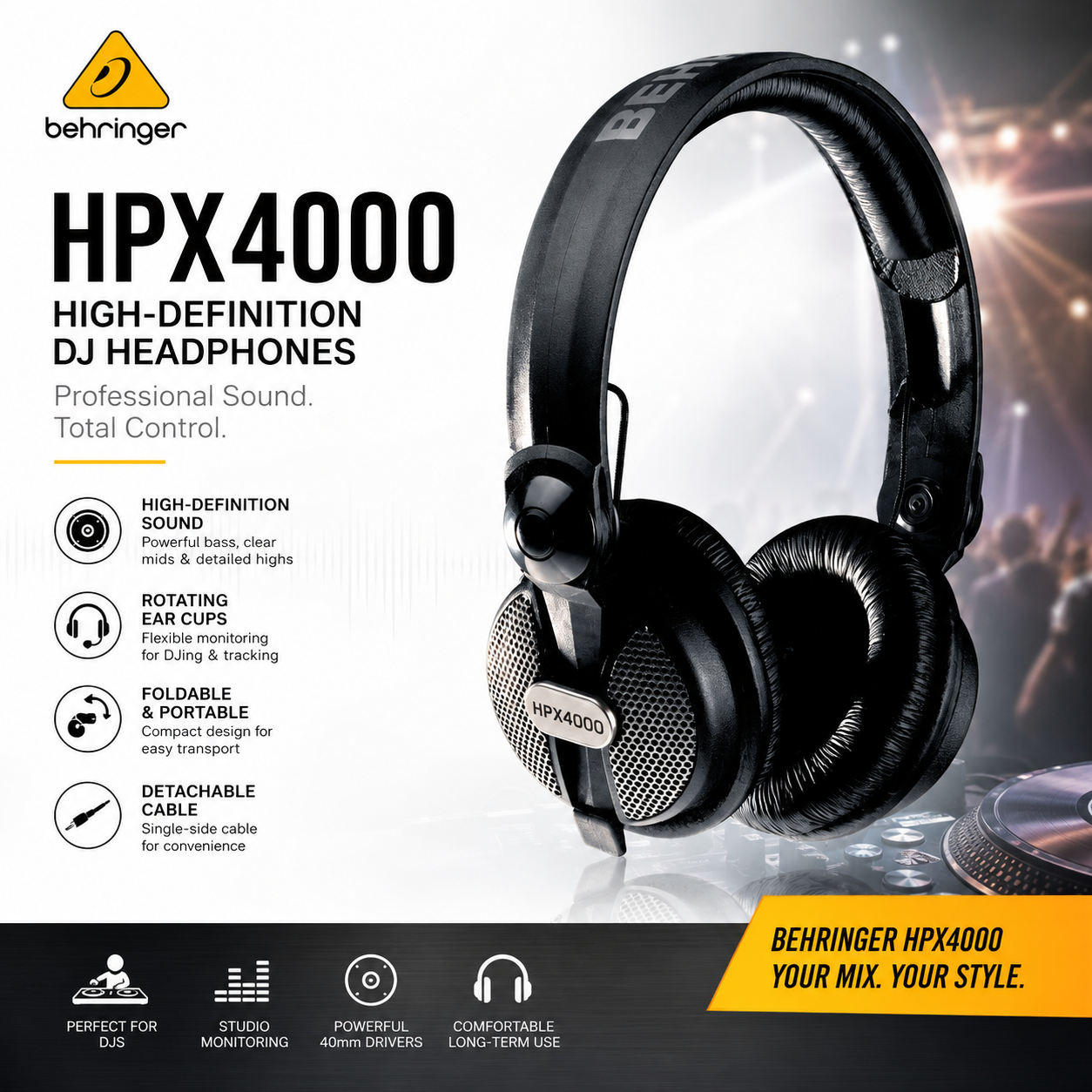 Behringer HPX4000 – Fon Kepala DJ Definisi Tinggi dengan Cawan Telinga Boleh Putar