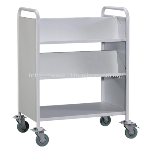 Library Shelving & Equipment - LBEM-3L-G2 - Double Sided Book Trolley With Steel Panel (4 Slanting & 1 Flat Shelves)