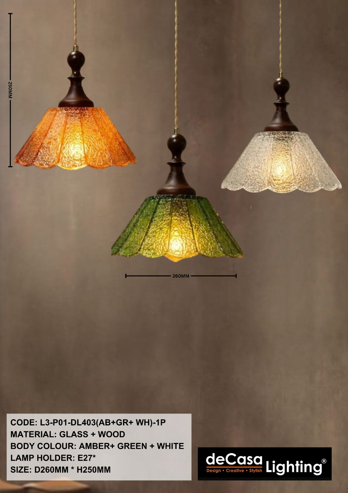 MODERN GLASS PENDANT LIGHT (L3-P01-DL403(AB+GR+ WH)-1P)