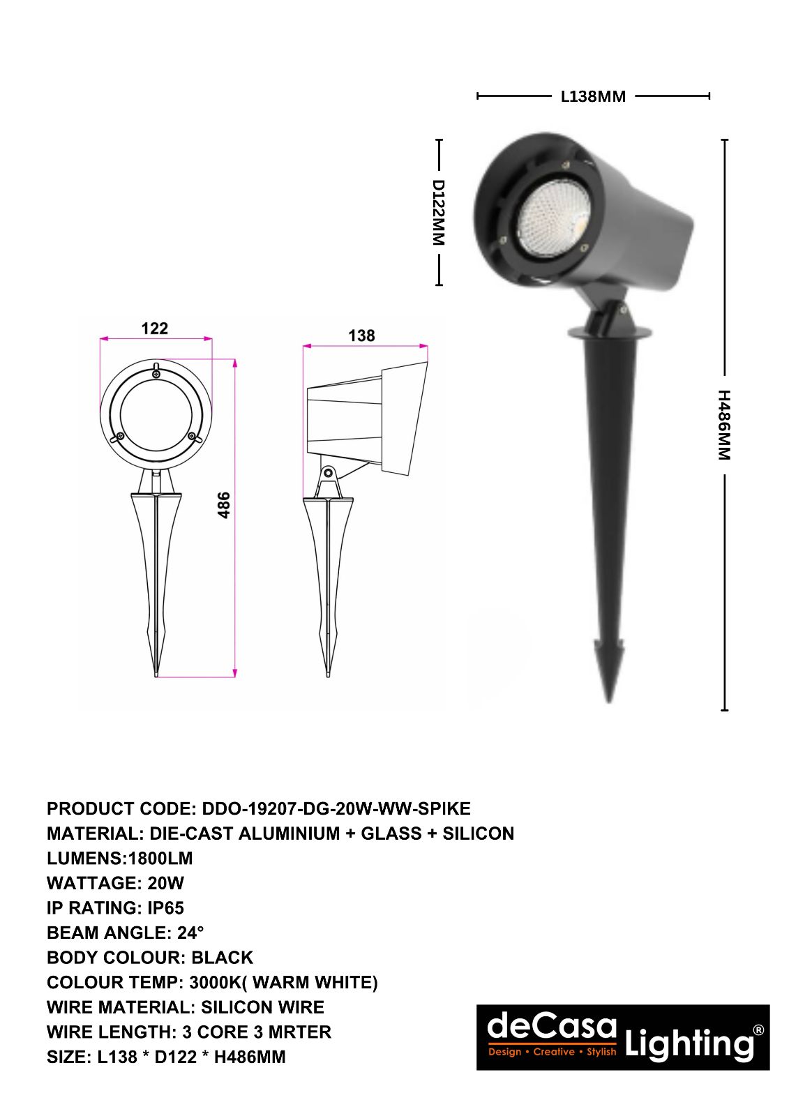 OUTDOOR LED SPIKE LIGHT(DDO-19207-DG-20W-WW-SPIKE)