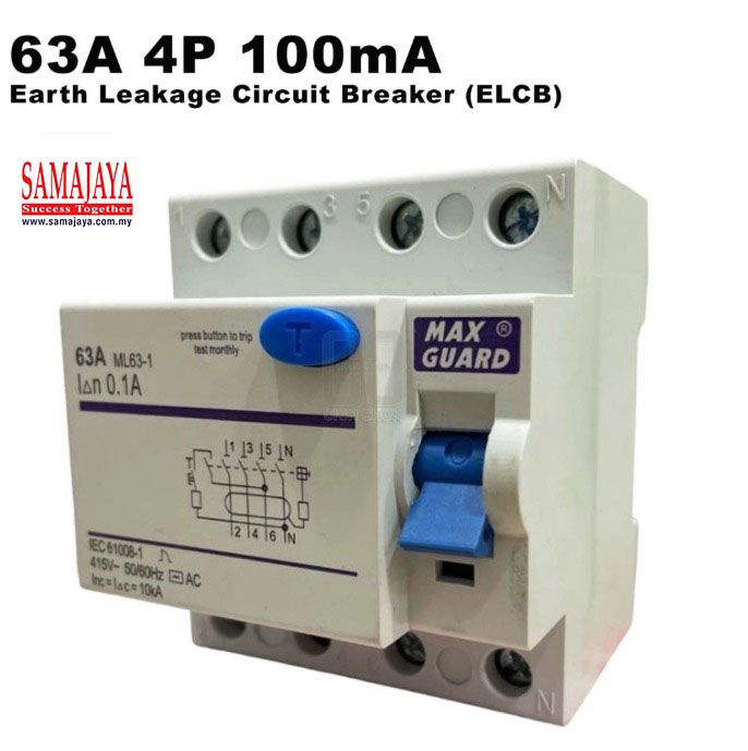 Maxguard 63A 4 Pole 0.1A/ 100mA ELCB/ RCCB