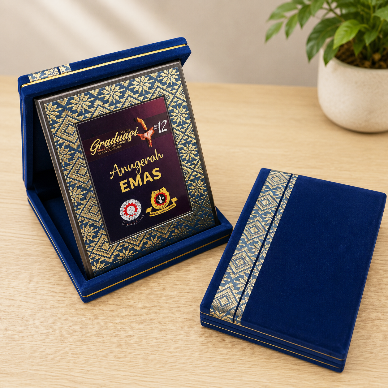 Wooden Award Plaque with Songket Velvet Presentation Box