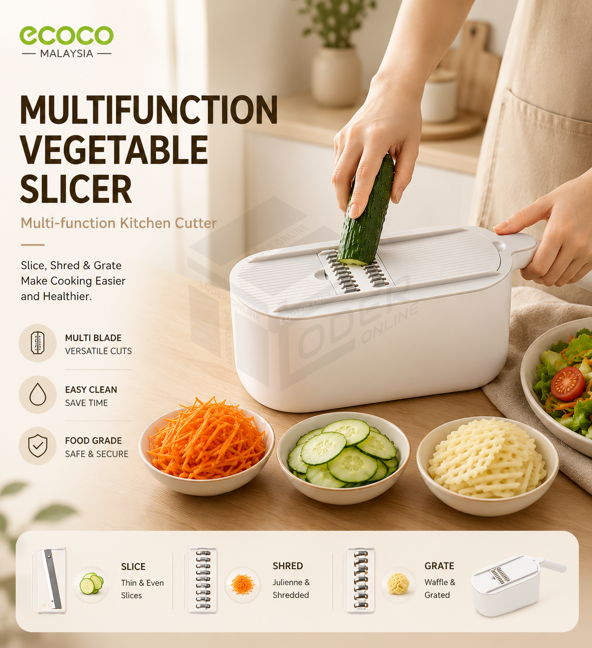 LODER ECOCO Multifunction Vegetable Cutter Slicer Grater Drain Basket Kitchen Food Chopper Set