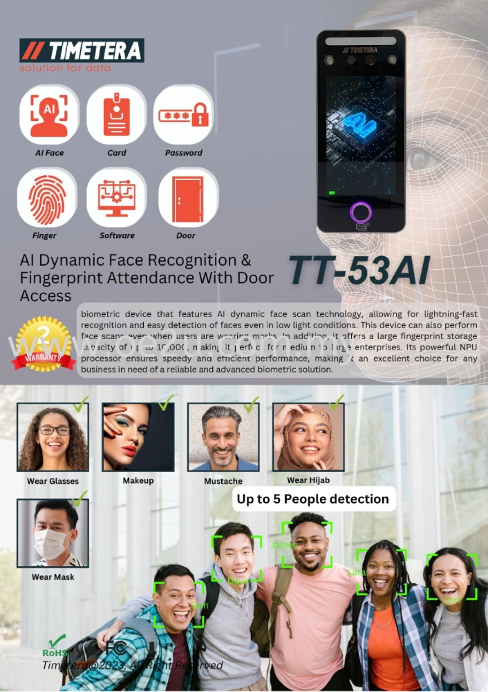 TIMETERA TT-53AI Face Recognition & Fingerprint Time Attendance System With Door Access Control (Software Reporting & WiFi Connection)