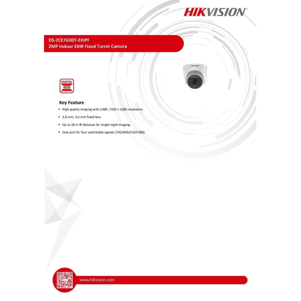 Hikvision 2MP Indoor EXIR Fixed Turret Camera (DS-2CE76D0T-EXIPF)