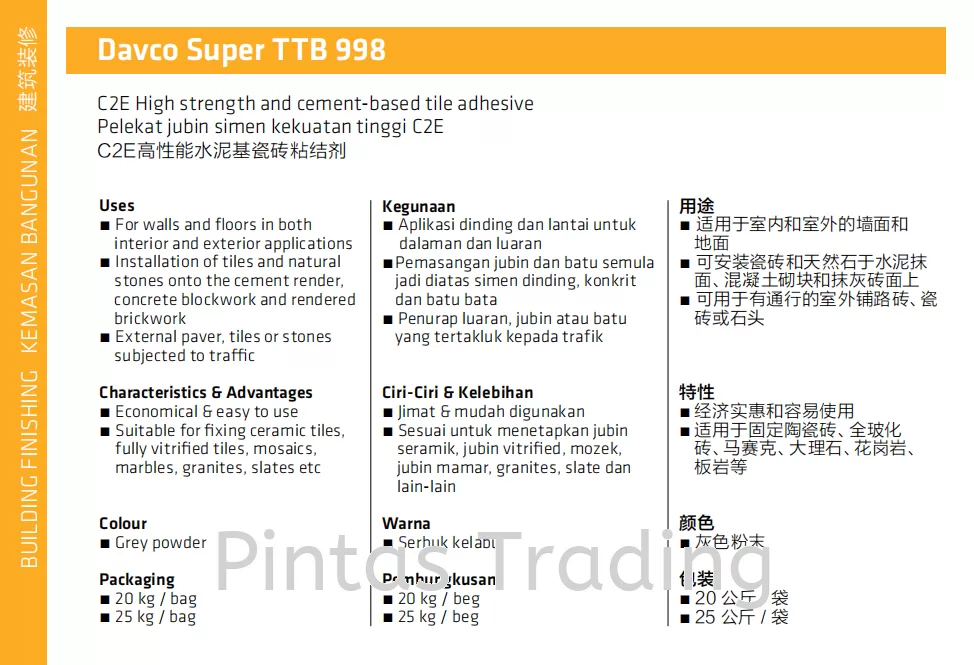 Davco Super TTB 998 | C2E High Strength & Cement Based Tile Adhesive