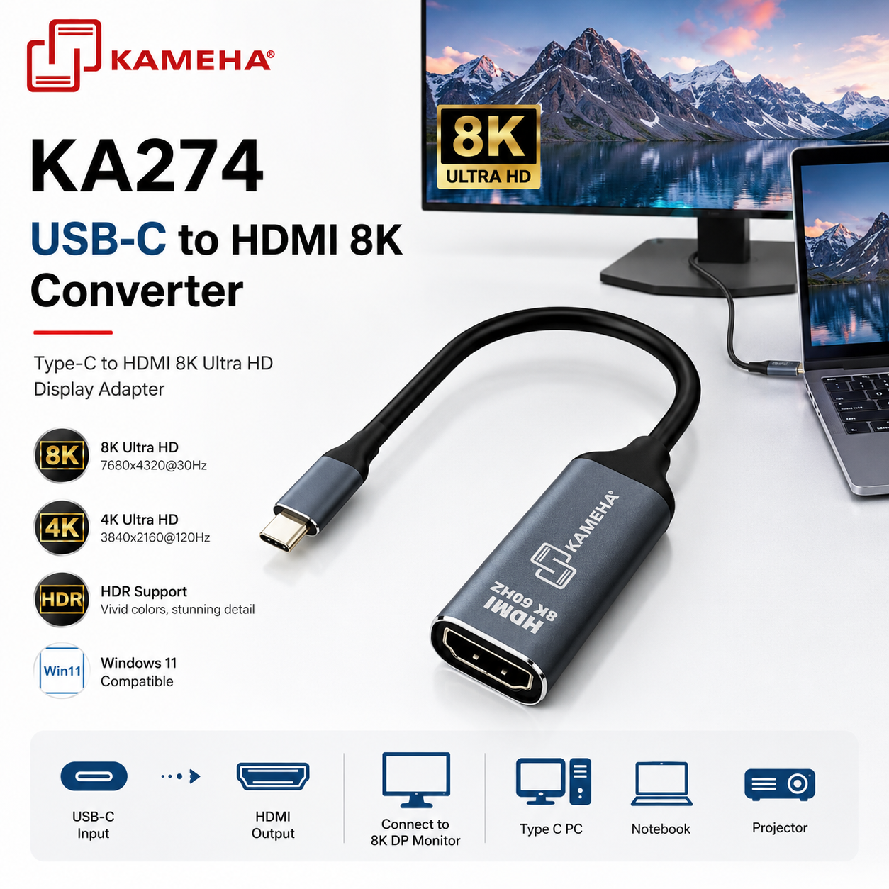 KAMEHA KA274 USB-C转HDMI 8K转换器 – Type-C转HDMI 8K超高清显示适配器