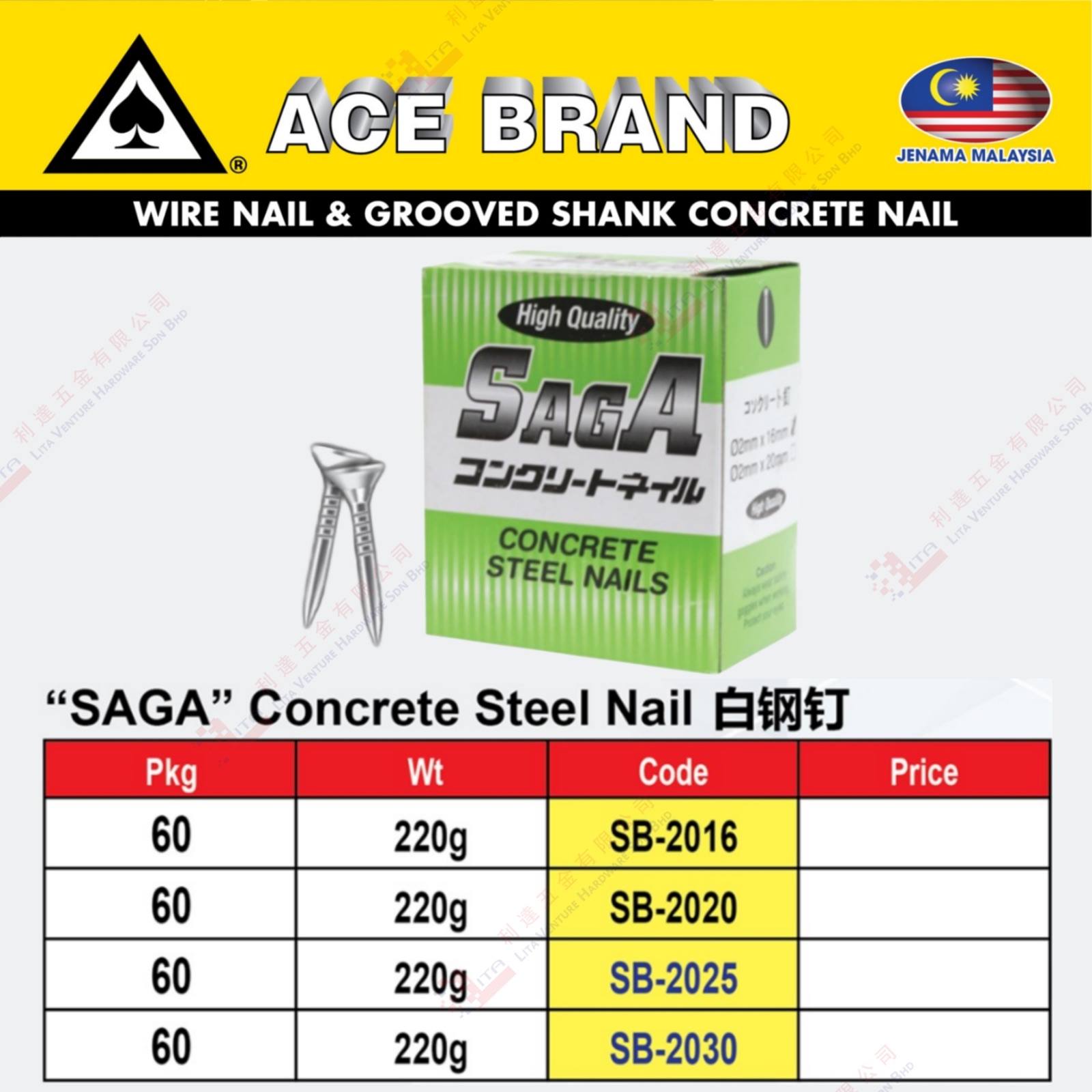 ACE BRAND CONCRETE STEELNAIL - SB2016 SB2020 SB2025 SB2030