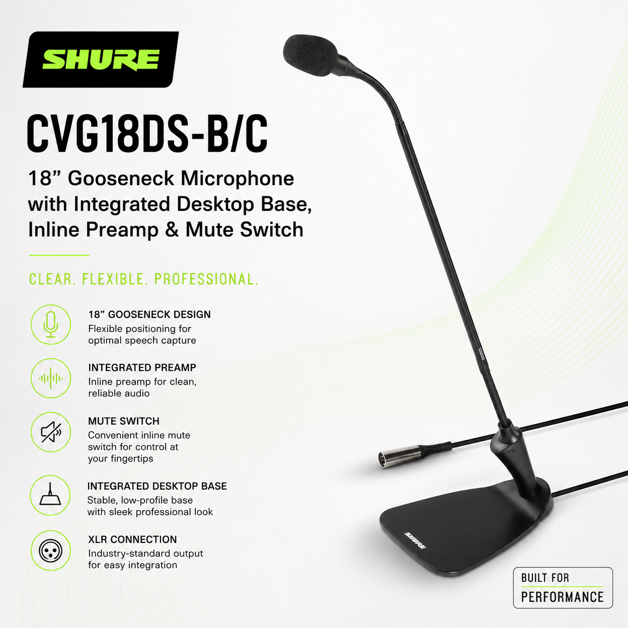 Shure CVG18DS-B/C Mikrofon Gooseneck 18” dengan Tapak Meja Bersepadu, Preamplifier Sebaris & Suis Senyap
