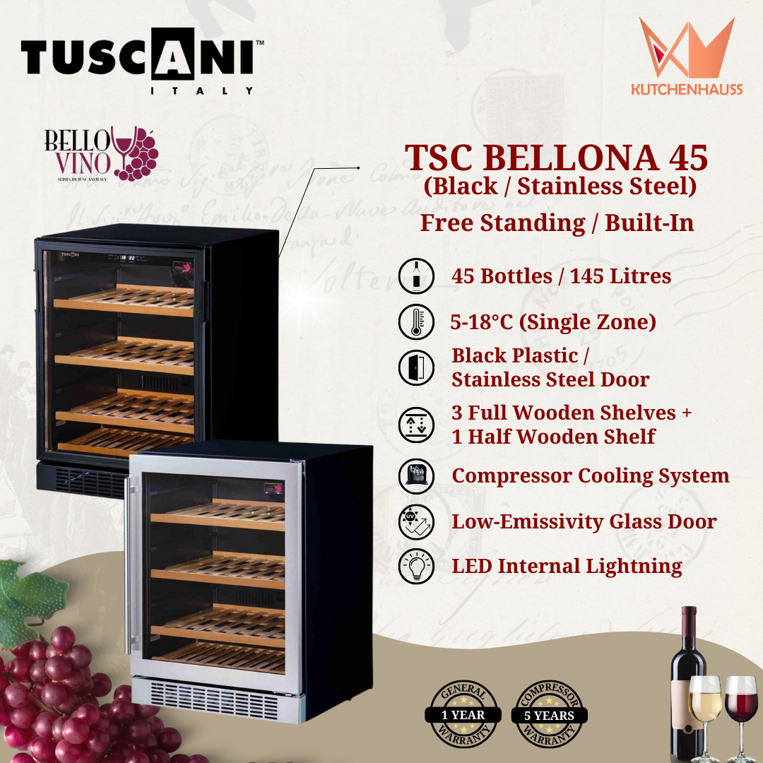 TUSCANI - 45 Bottles Wine Chiller Bello Vino TSC BELLONA 45 (Black / Stainless Steel)