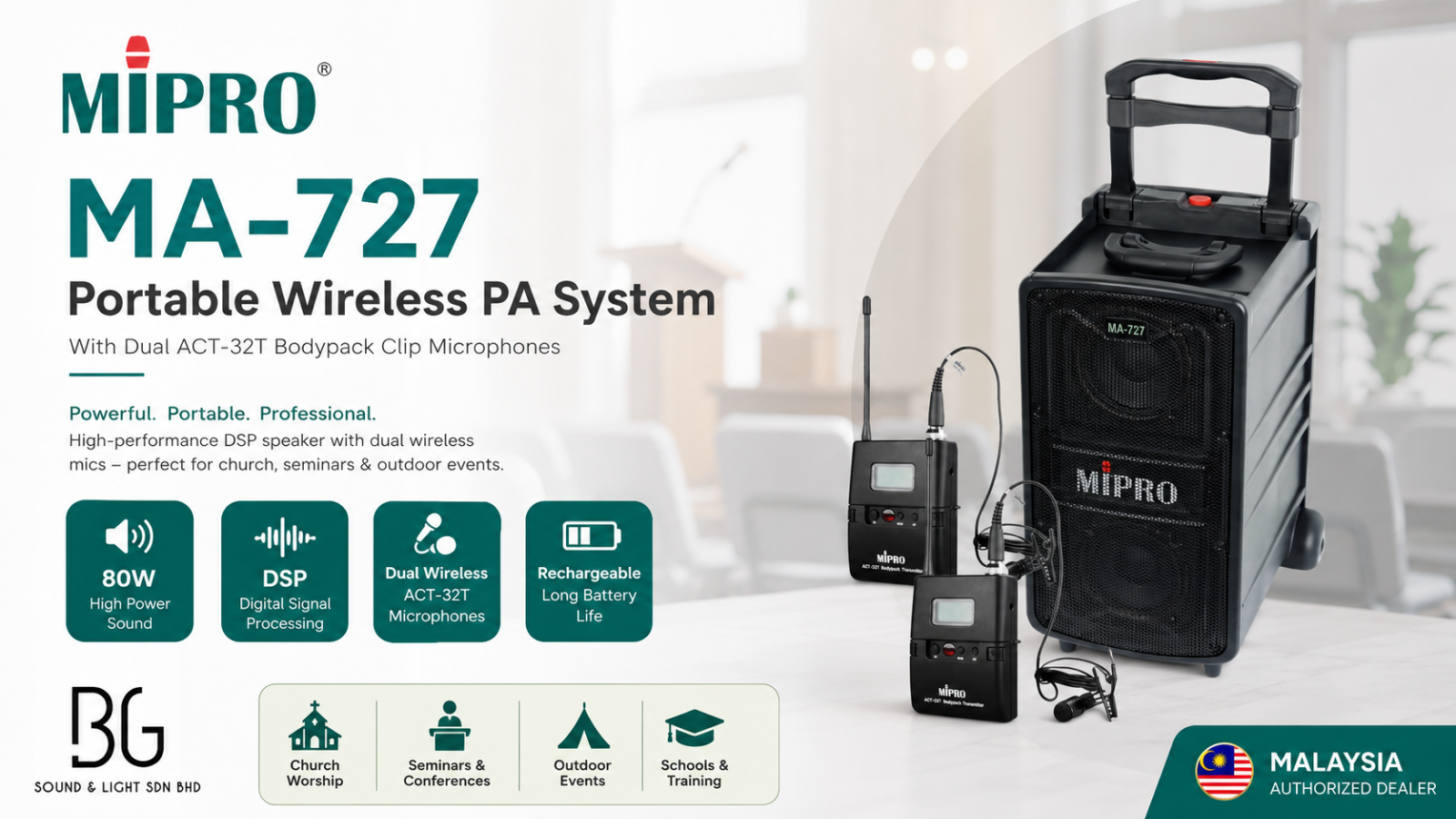 MIPRO MA-727 Portable Wireless PA System with Dual ACT-32T Bodypack Clip Microphones – DSP Powered Speaker for Church, Seminar & Outdoor Malaysia