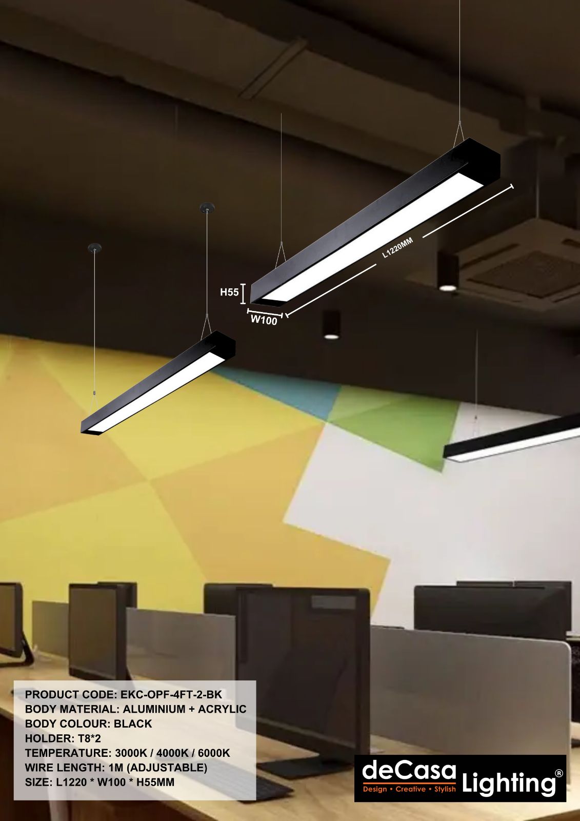 OFFICE LINEAR PENDANT LIGHT - 2*4FT - BLACK - T8 CASING (OPF-4FT-2-BK)