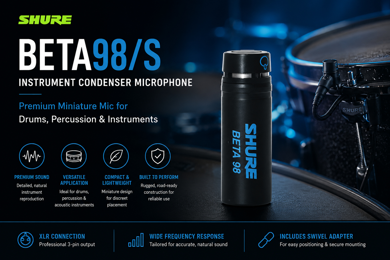 Shure BETA98/S Instrument Condenser Microphone – Premium Miniature Mic for Drums, Percussion & Instruments