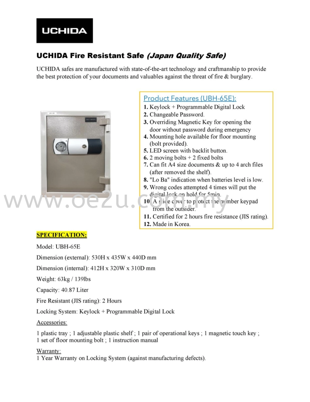 UCHIDA UBH-65E Fire Resistant Safe Box (Digital Lock)_63kg