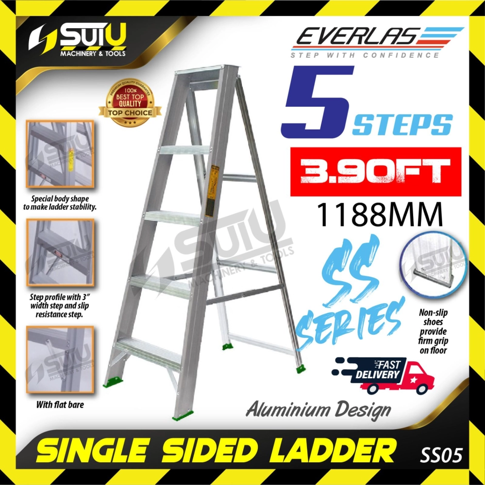 Everlas SS05 Single Sided Aluminium Ladder 5 steps ( 3.9ft/1188mm) 