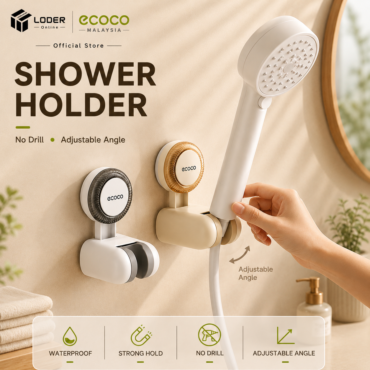 LODER ECOCO Adjustable Shower Head Holder Wall Mounted Suction Shower Bracket No Drill Bathroom Rack