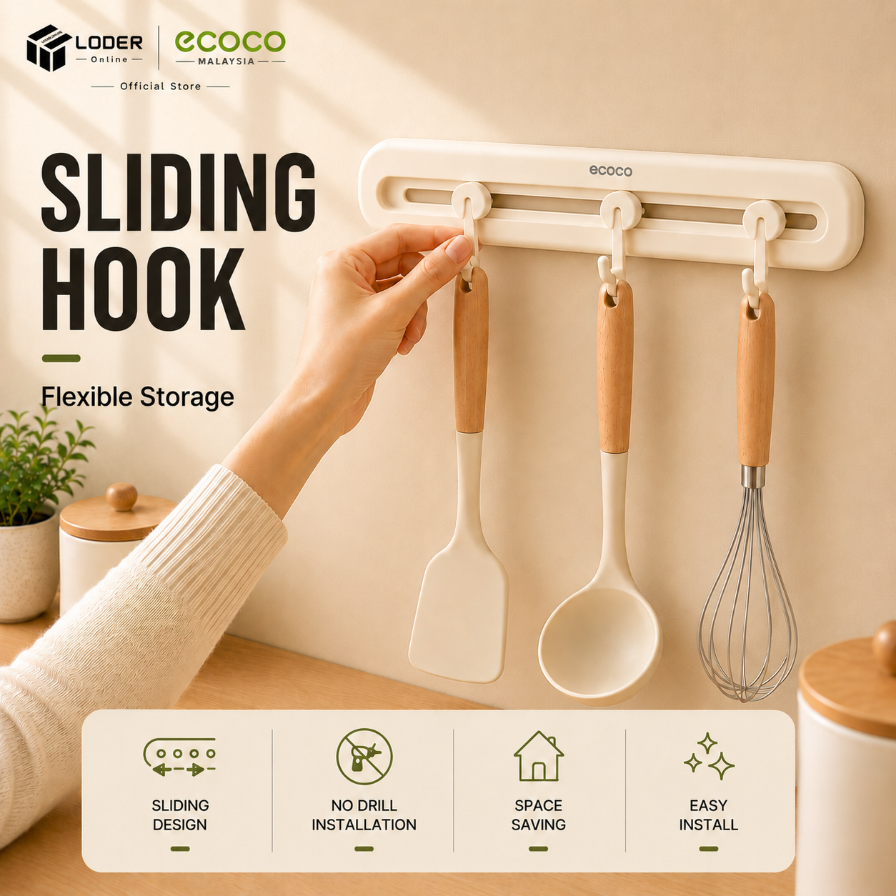 LODER ECOCO Sliding Hook Rack Adjustable Wall Mounted Clothes Hook Towel Holder No Drill Hook Organizer