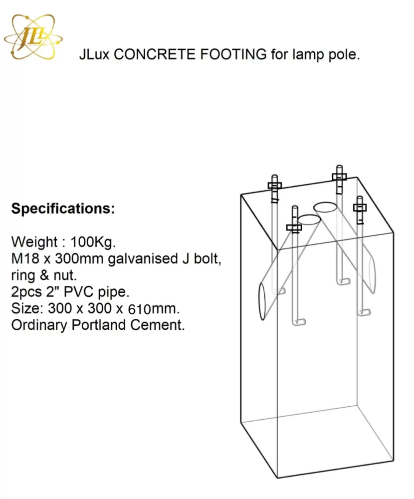 Jlux PRE-CAST CONCRETE FOOTING FOR LAMP POLE (M18 J Bolt/Ring/Nut 300x300x610MM)