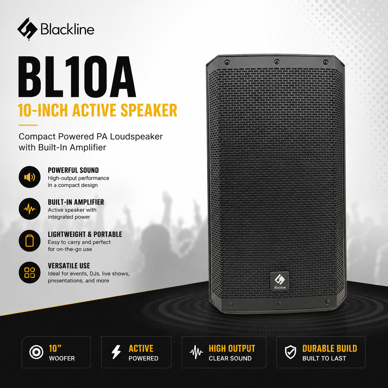 🔊 Blackline BL10A Pembesar Suara Aktif 10-Inci – Pembesar Suara PA Kompak dengan Penguat Terbina