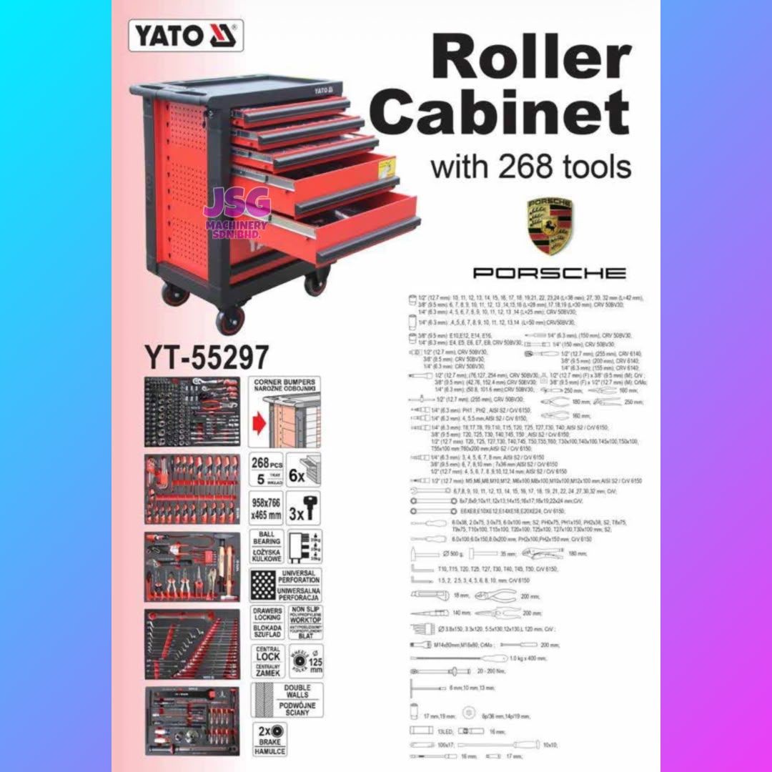 YATO YT-55297 268PCS Roller Cabinet Tool Set for Porsche Automotive Workshop Professional Mechanic Tool Storage Cabinet