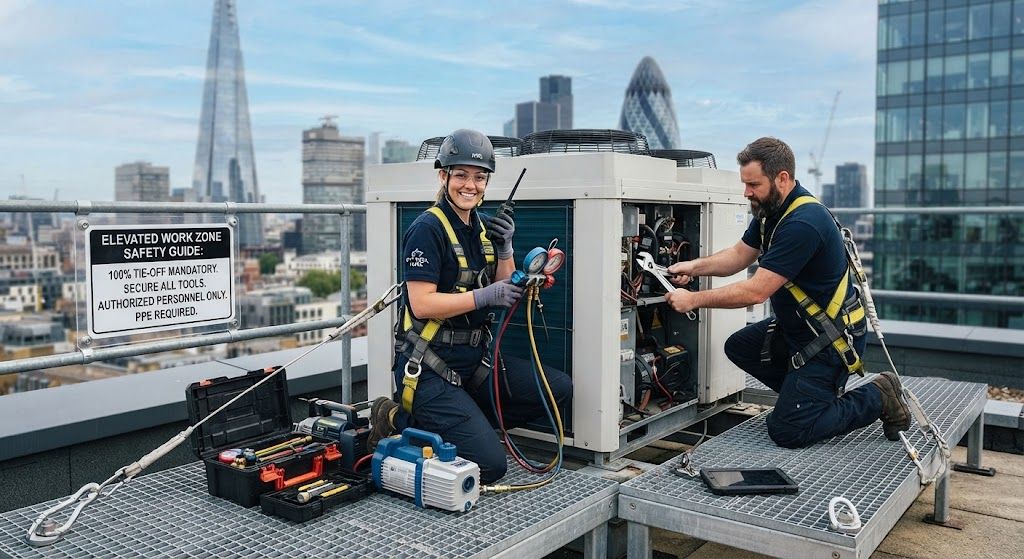 HVAC technician ladder safety for servicing work