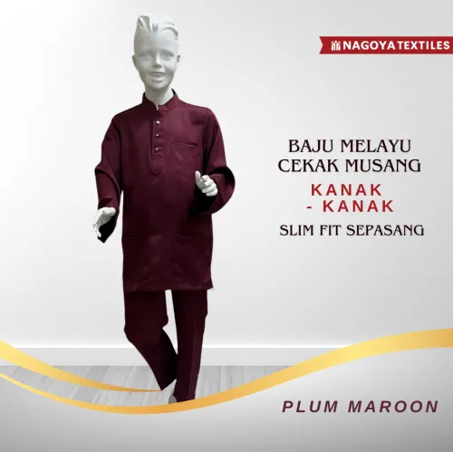 Baju Melayu Cekak Musang Slim Fit Sepasang Kanak Kanak (CMSPK)  Plum Maroon 