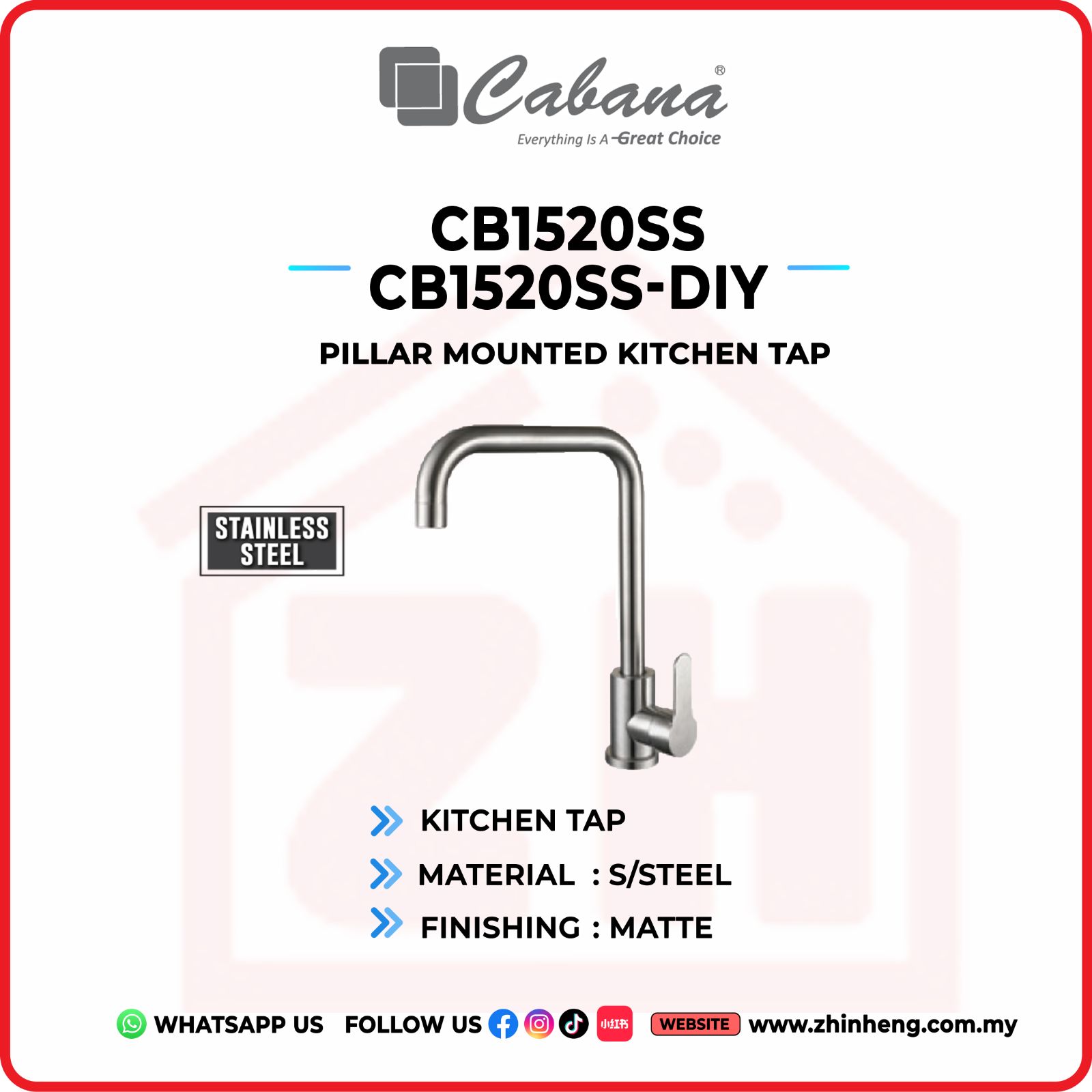 CABANA Pillar Mounted Kitchen Tap CB1520SS & CB1520SS-DIY