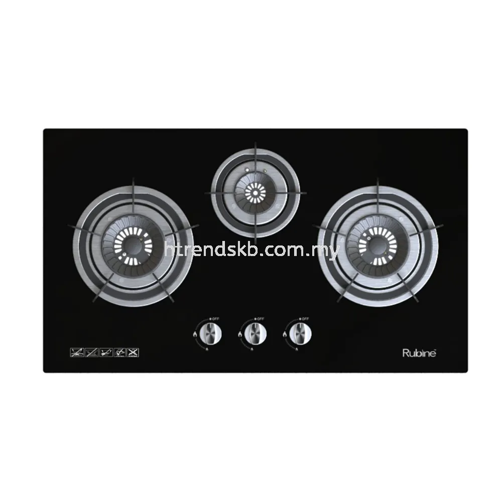 Rubine 3 Burner Build In Gas Hob (Glass) RGH-VISTA3B-BL