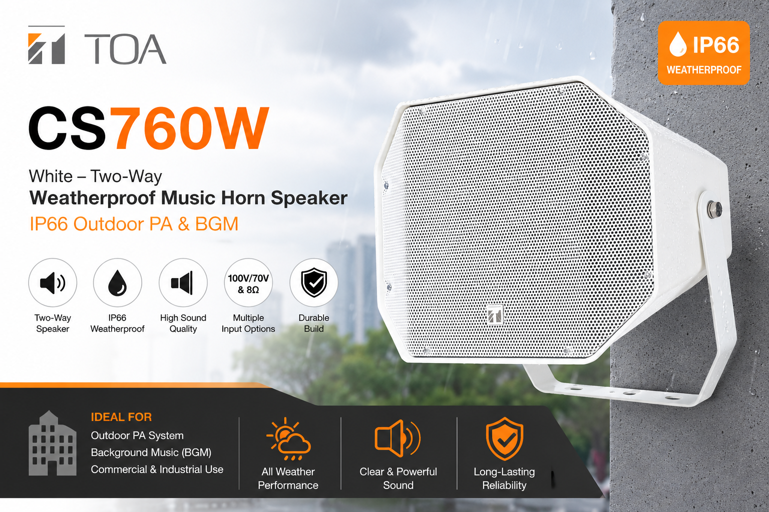 TOA CS760W 白色 – 双向防水音乐号角音箱 (IP66 户外公共广播 & 背景音乐)