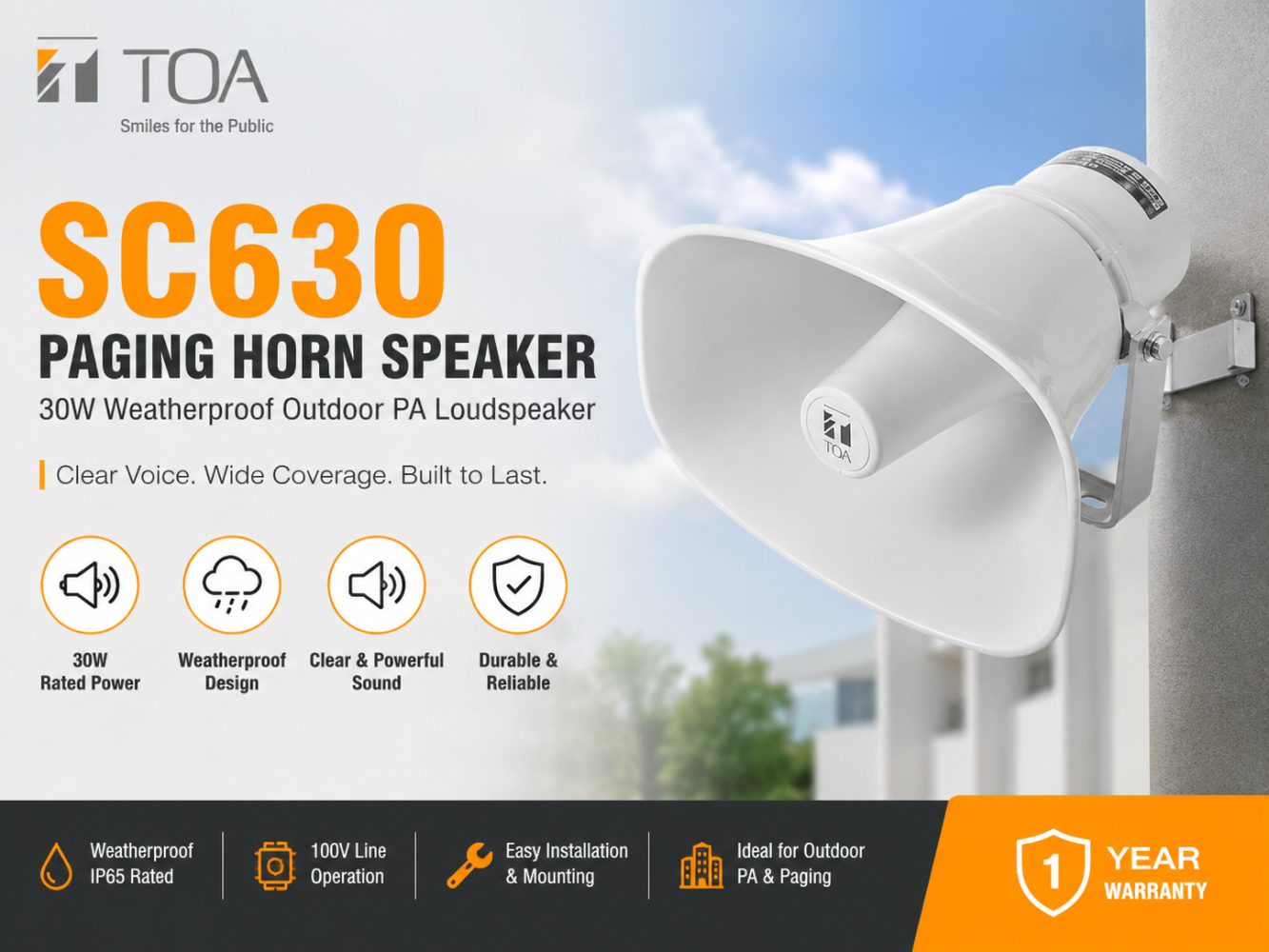 TOA SC630 Paging Horn Speaker – 30W Weatherproof Outdoor PA Loudspeaker