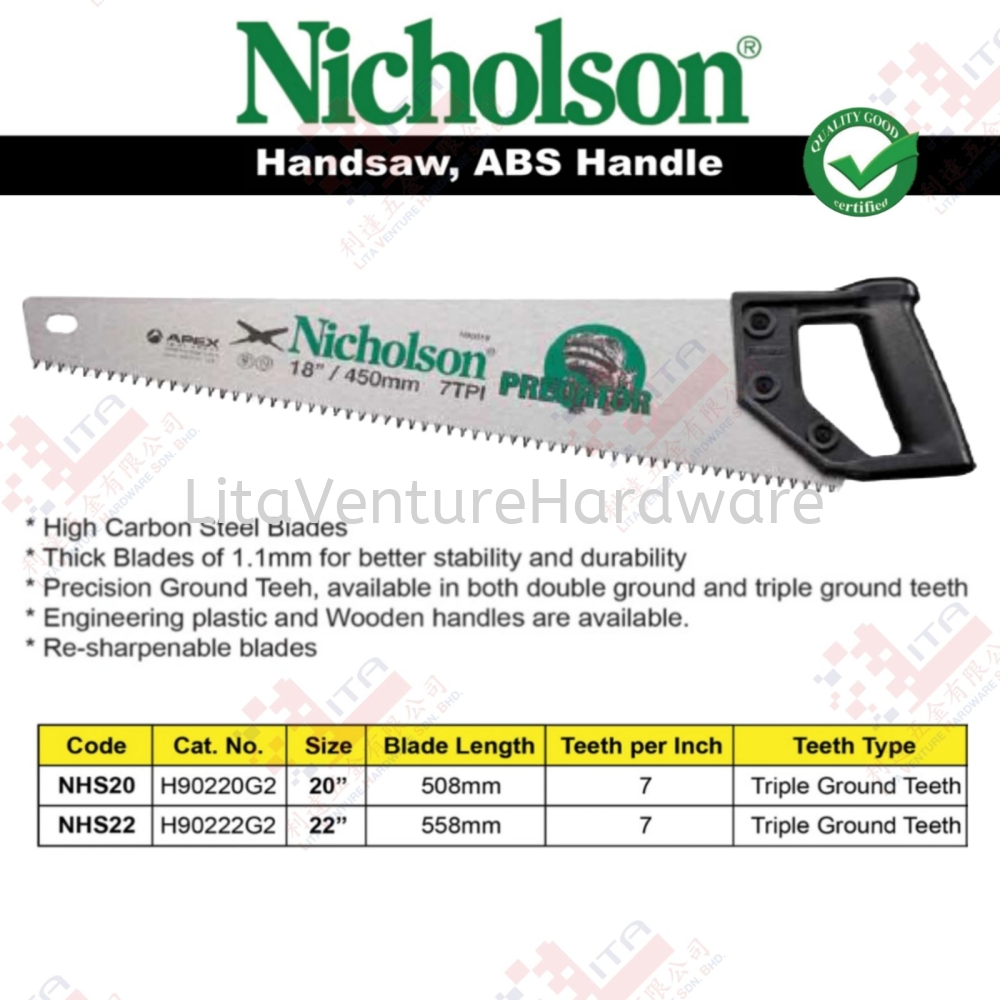 NICHOLSON BRAND HAND SAW - NHS20 NHS22