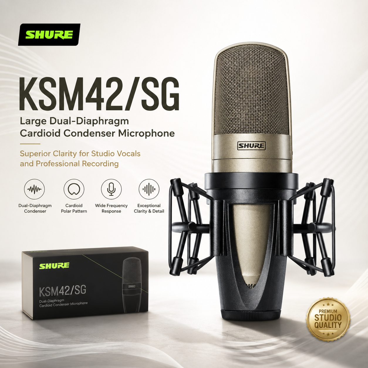 Shure KSM42/SG Mikrofon Pemeluwap Kardioid Diafragma Berganda Besar – Mikrofon Vokal Studio dengan Kejelasan Unggul