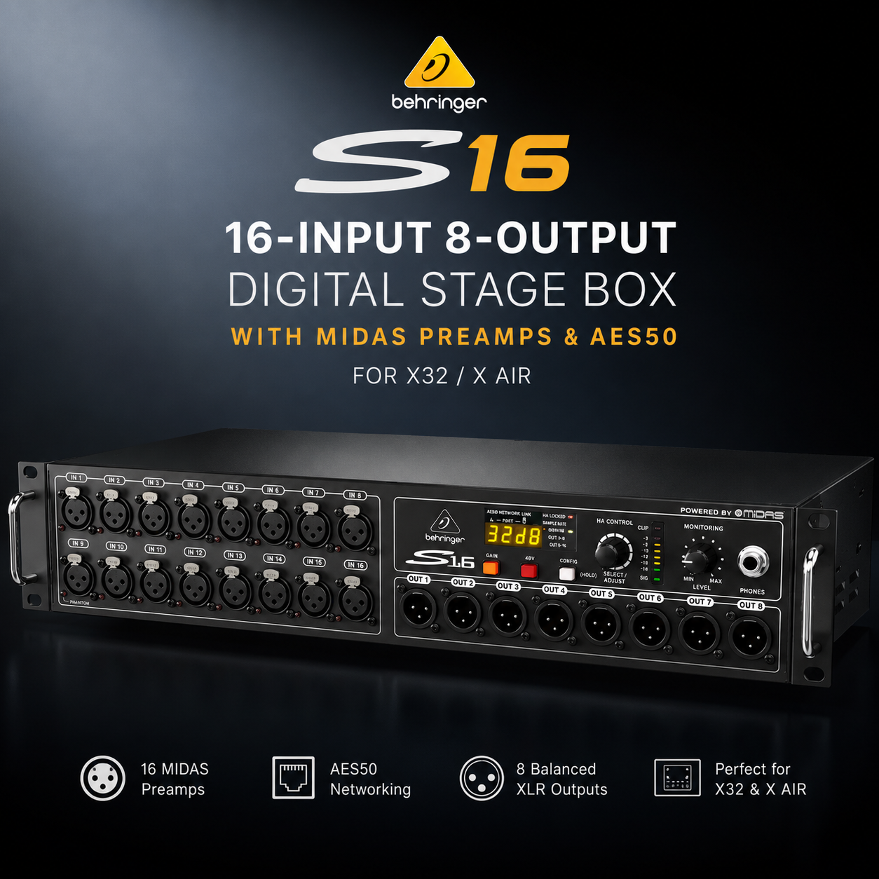 Behringer S16 – Kotak Pentas Digital 16-Masukan 8-Keluaran dengan Preamp MIDAS & Sambungan AES50