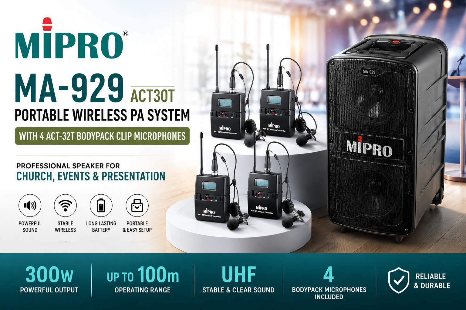 MIPRO MA-929 Portable Wireless PA System with 4 ACT-32T Bodypack Clip Microphones – Professional Speaker for Church, Events & Presentation