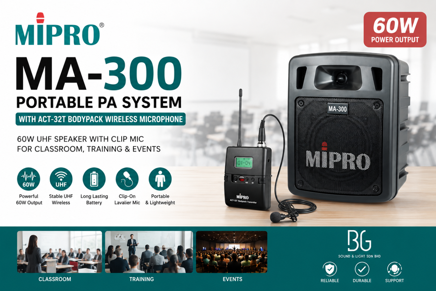 MIPRO MA-300 Portable PA System with ACT-32T Bodypack Wireless Microphone – 60W UHF Speaker with Clip Mic for Classroom, Training & Events