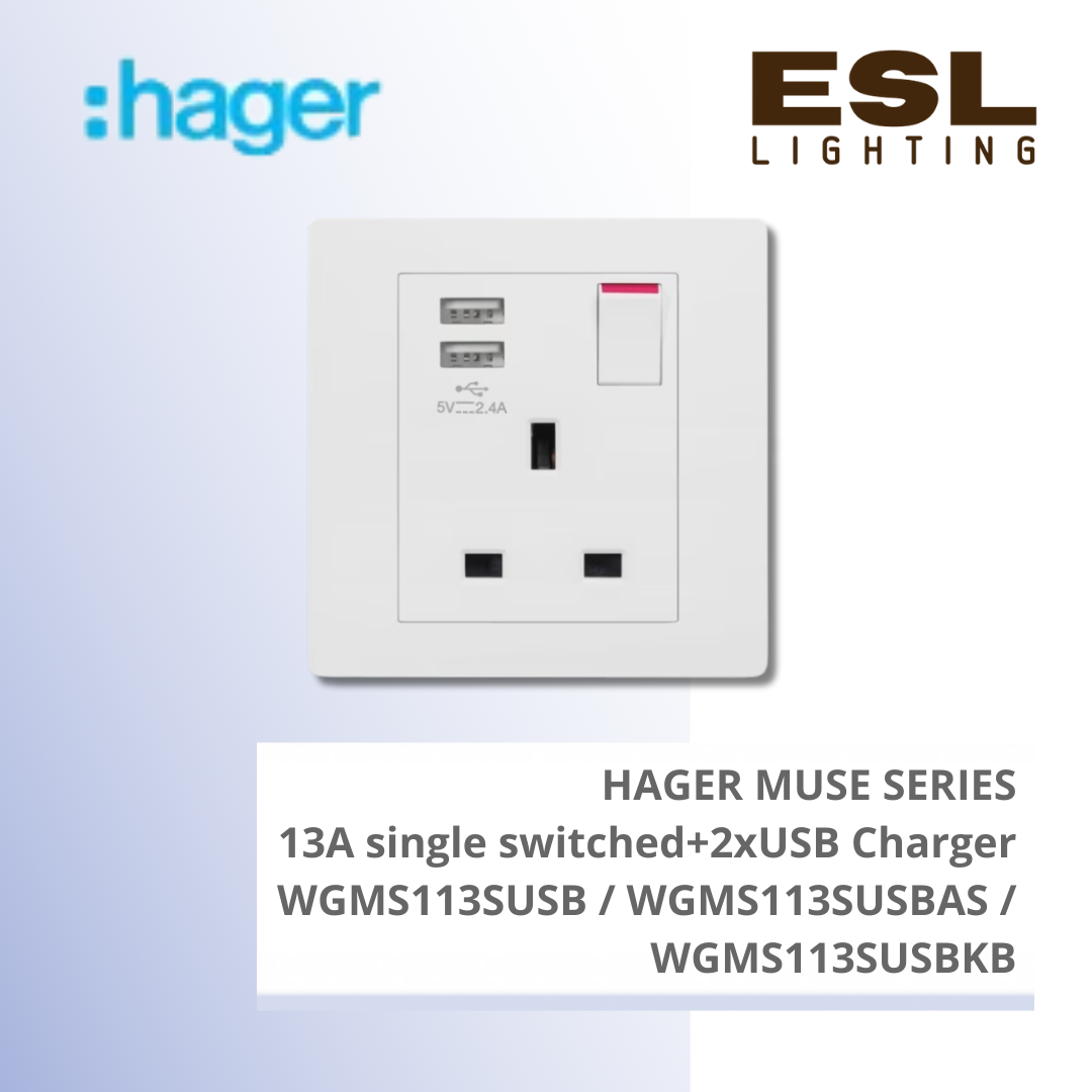 HAGER Muse Series - 13A single switched + 2 x USB charger - WGMS113SUSB / WGMS113SUSBAS / WGMS113SUSBKB