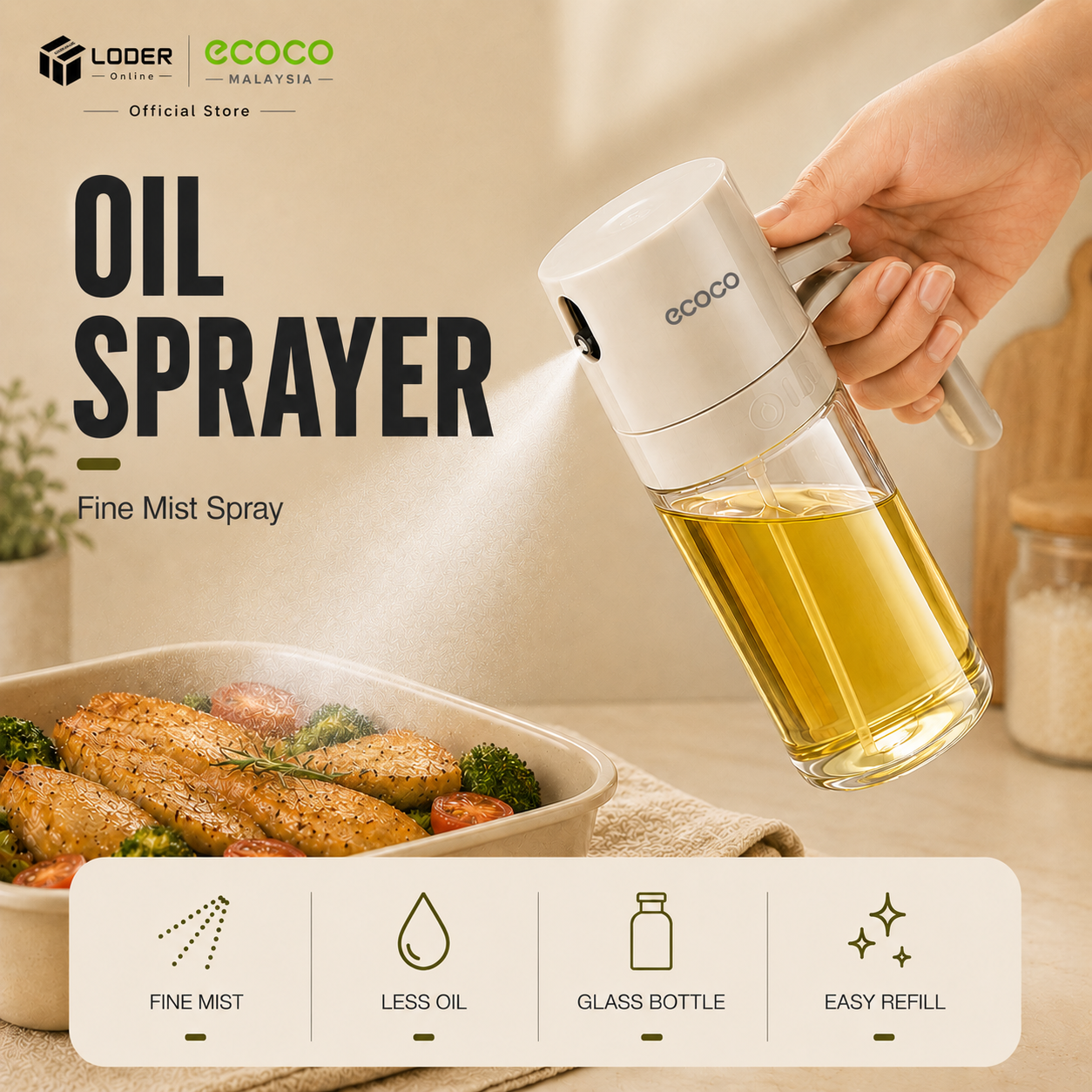 LODER ECOCO Glass Oil Sprayer Bottle Fine Mist Olive Oil Sprayer for Air Fryer Cooking Oil Dispenser