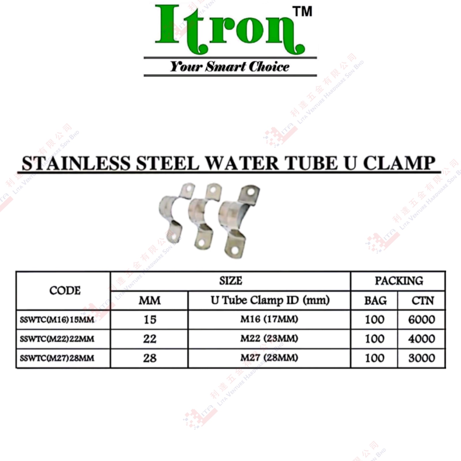 ITRON BRAND S.STEEL EATER TUBE U CLAMP - SSWTCM1615MM SSWTCM2222MM SSWTCM2728MM