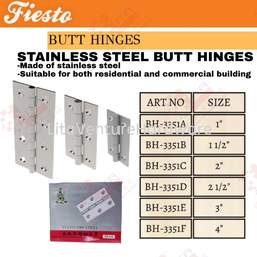 FIESTO BRAND BUTT HINGES - BH3351A BH3351B BH3351C BH3351D BH3351E BH3351F