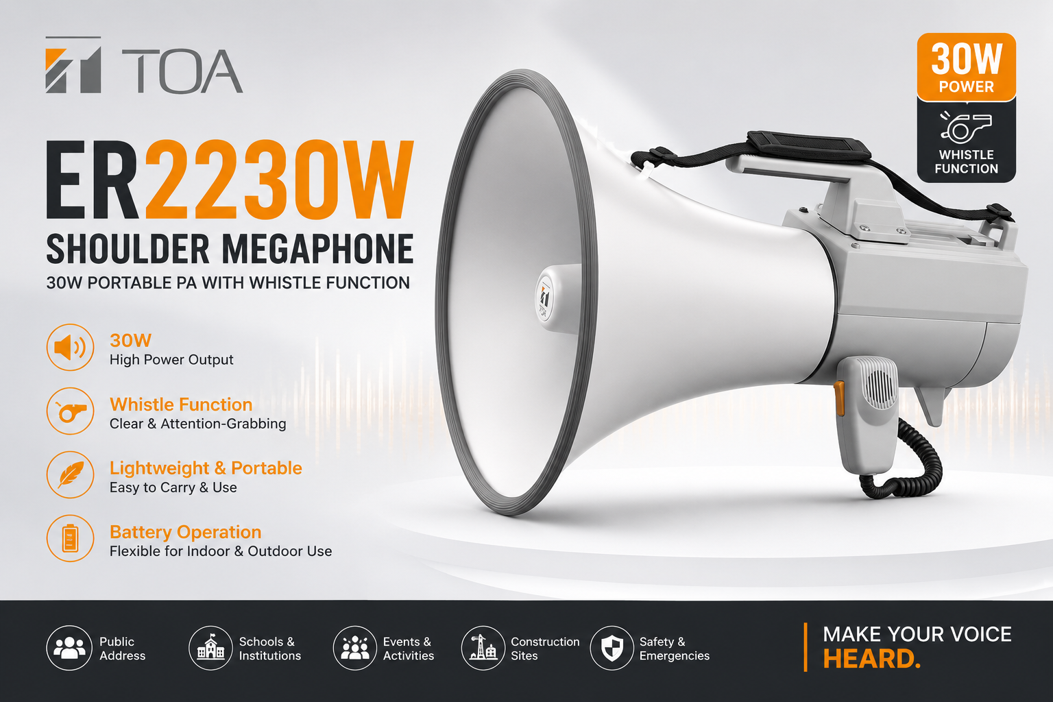 TOA ER2230W Shoulder Megaphone – 30W Portable PA with Whistle Function